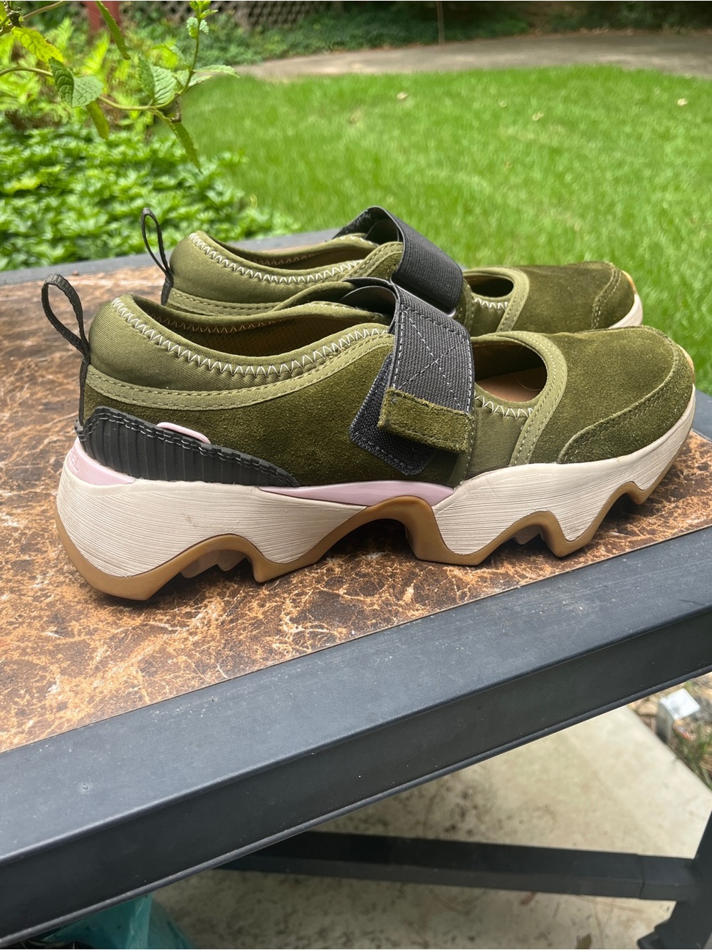 Sorel Kinetic MJ Olive Green Suede Slip-On Sneakers with Chunky Sole - Picture 2 of 12